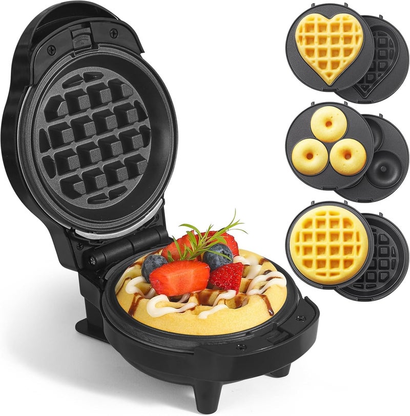 UVFAST Mini Waffles Maker with 6 Removable Plates, 3 in 1 Small Waffle Maker Mini- Waffle, Heart Waffle, Donut, 4.5" Non Stick Waffle Iron for Kids and Families, Black - Image 1